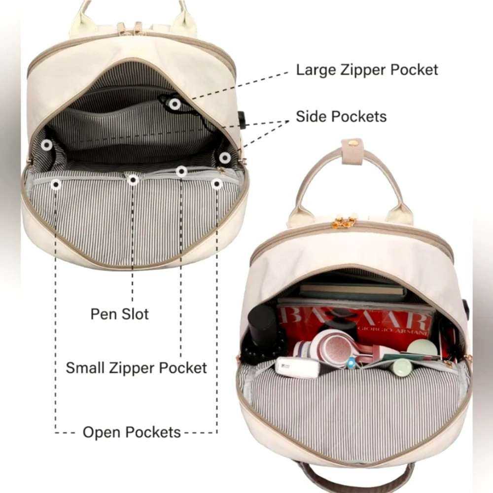 Cream and Tan Women’s Convertible Backpack with USB Charging Port